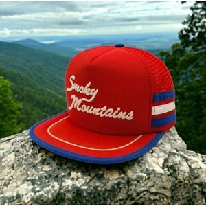 Vintage Smokey Mountains Three 3 Stripe Trucker Hat Mesh Snapback Red White Blue